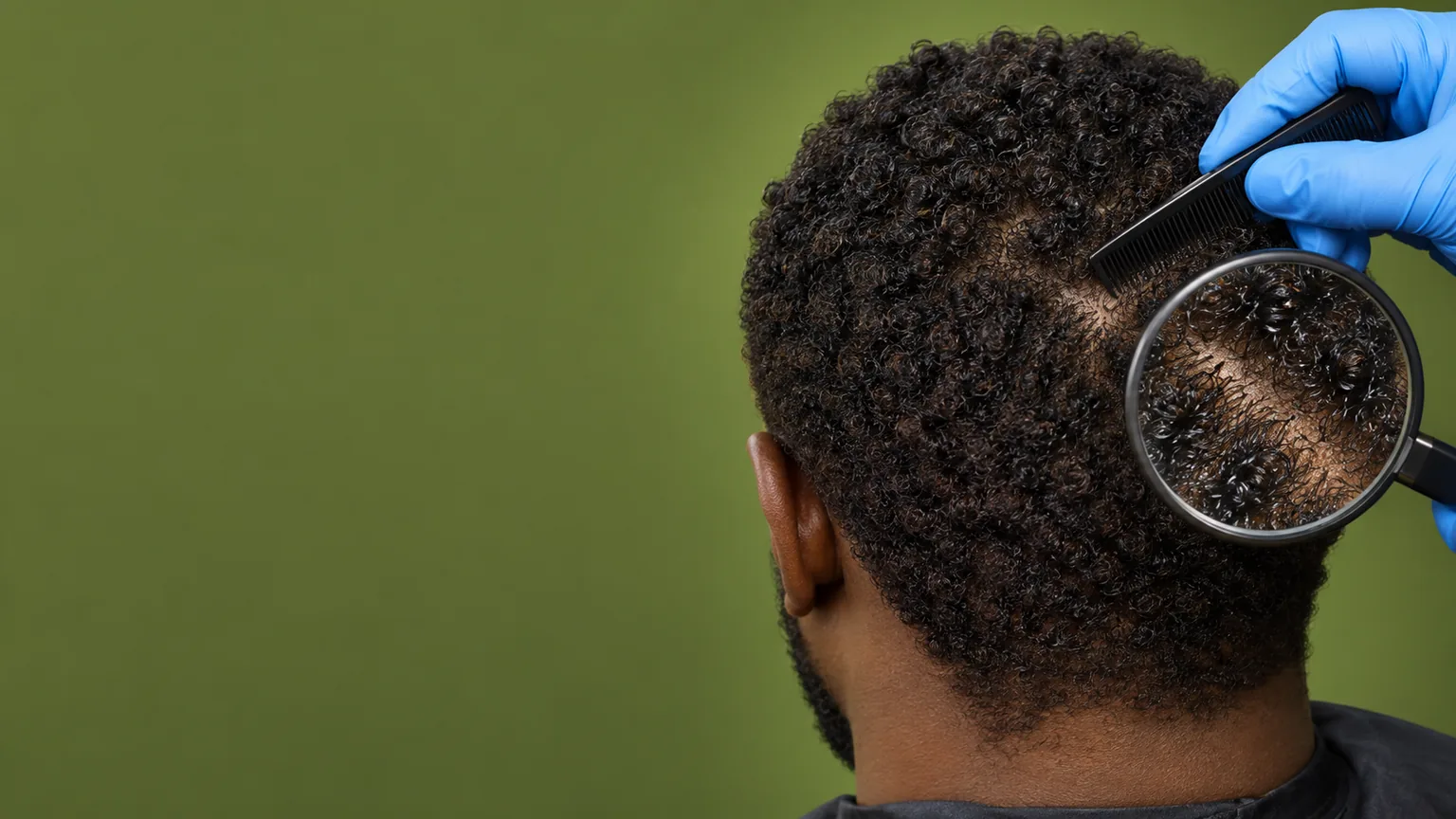 Fotografia ilustrativa de cabelo afro examinado com pente e lupa no planejamento do transplante capilar.
