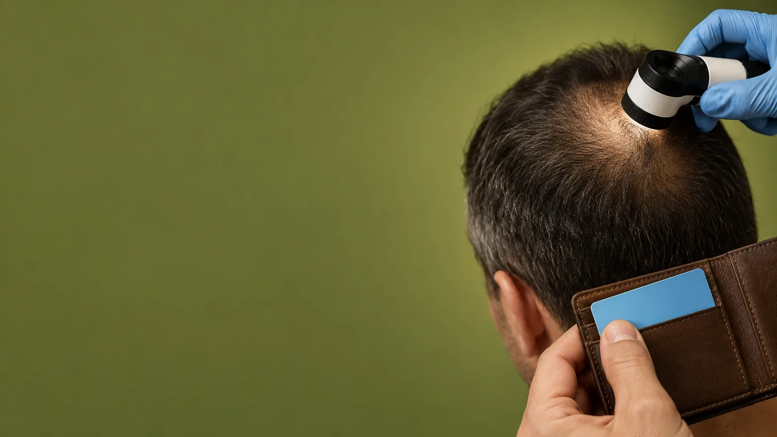 Avaliação do couro cabeludo com dermatoscópio e carteira com cartão sem identificação.