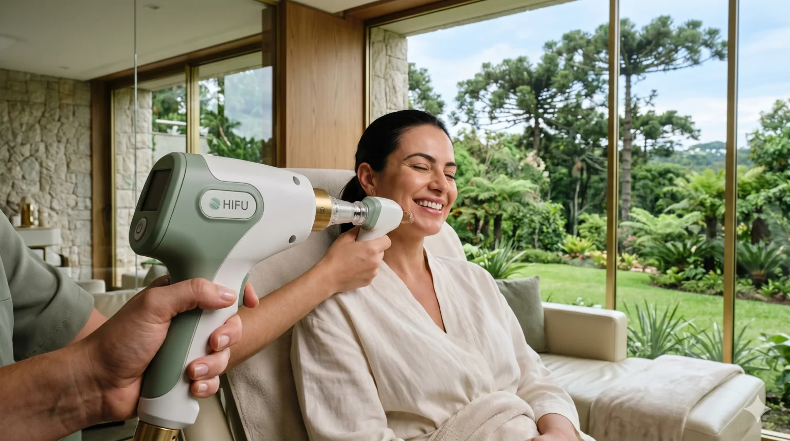 Aplicação de ultrassom microfocado (Ultraformer) em clínica de estética premium, com jardim e araucárias ao fundo