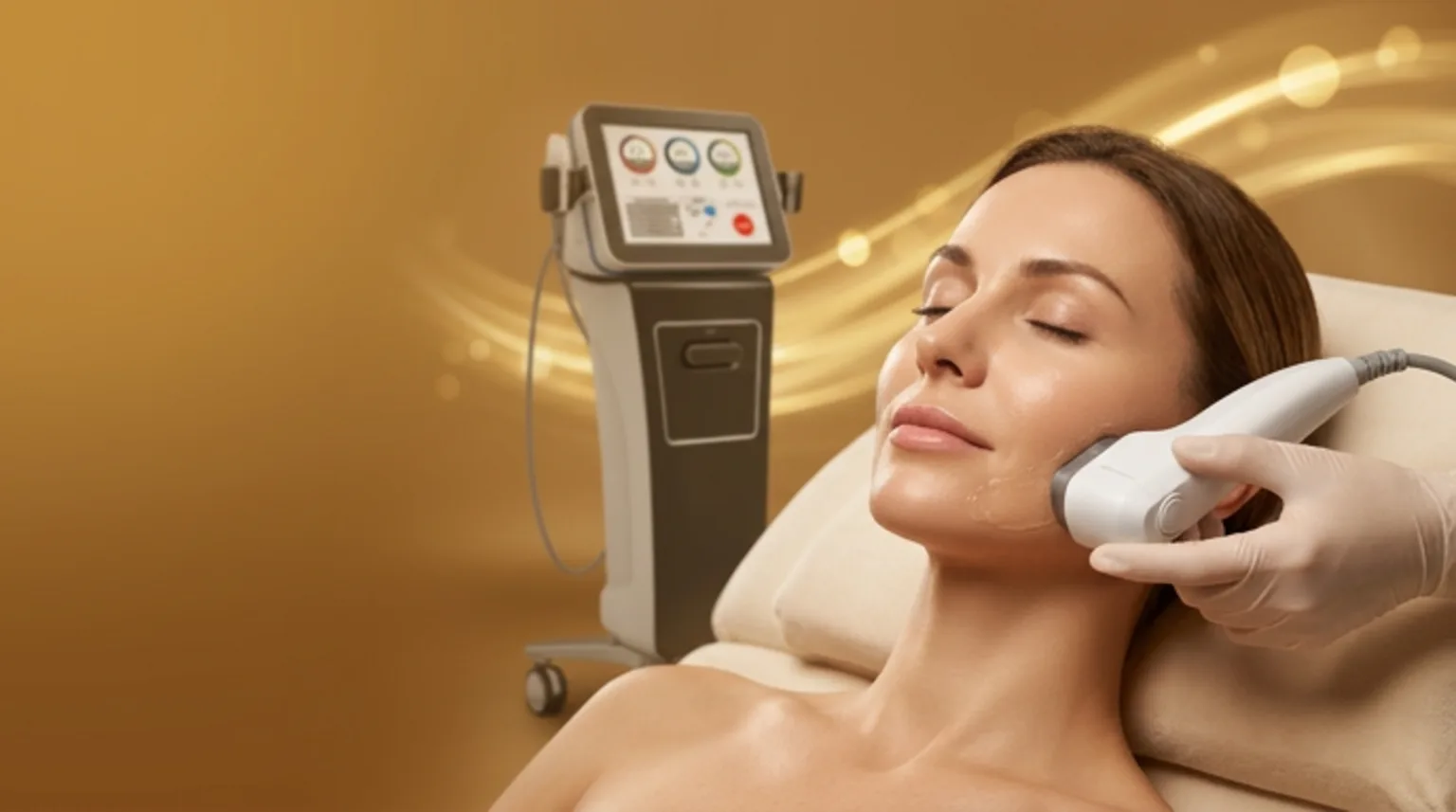 Aplicação de Ultraformer com a ponteira de ultrassom microfocado e a máquina ao lado