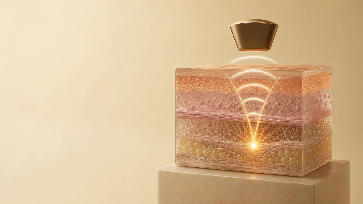 Modelo em corte da pele mostra ondas de ultrassom convergindo para um ponto em profundidade