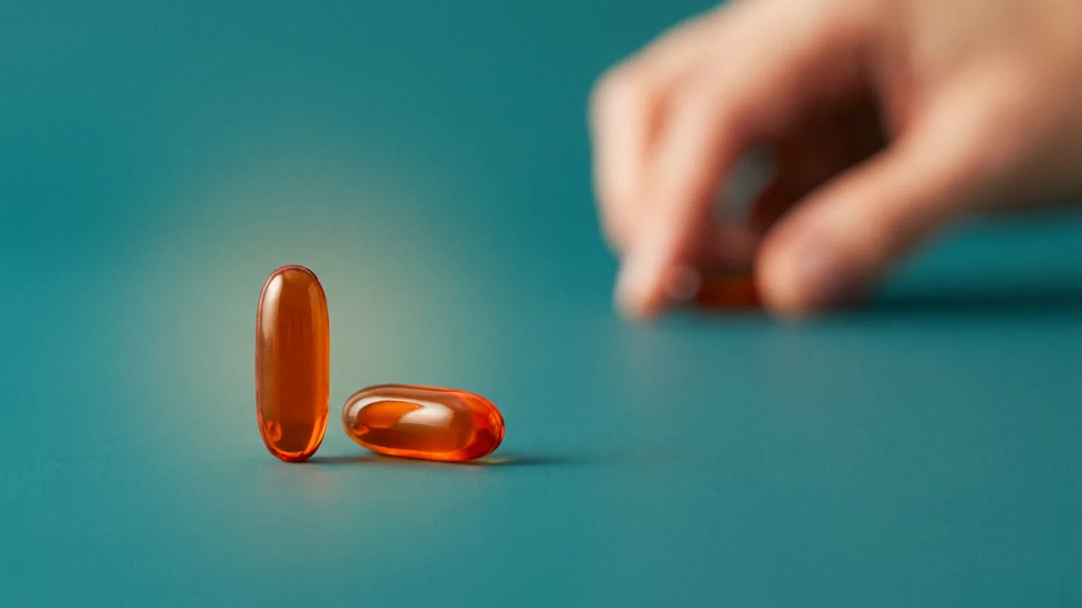 Cápsula representando vitamina A sobre fundo teal homogeneo, terapia injetavel de nutrientes
