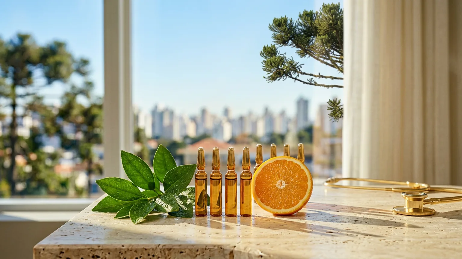 Ampolas âmbar de vitamina C ao lado de uma rodela de laranja e folhas verdes sobre travertino