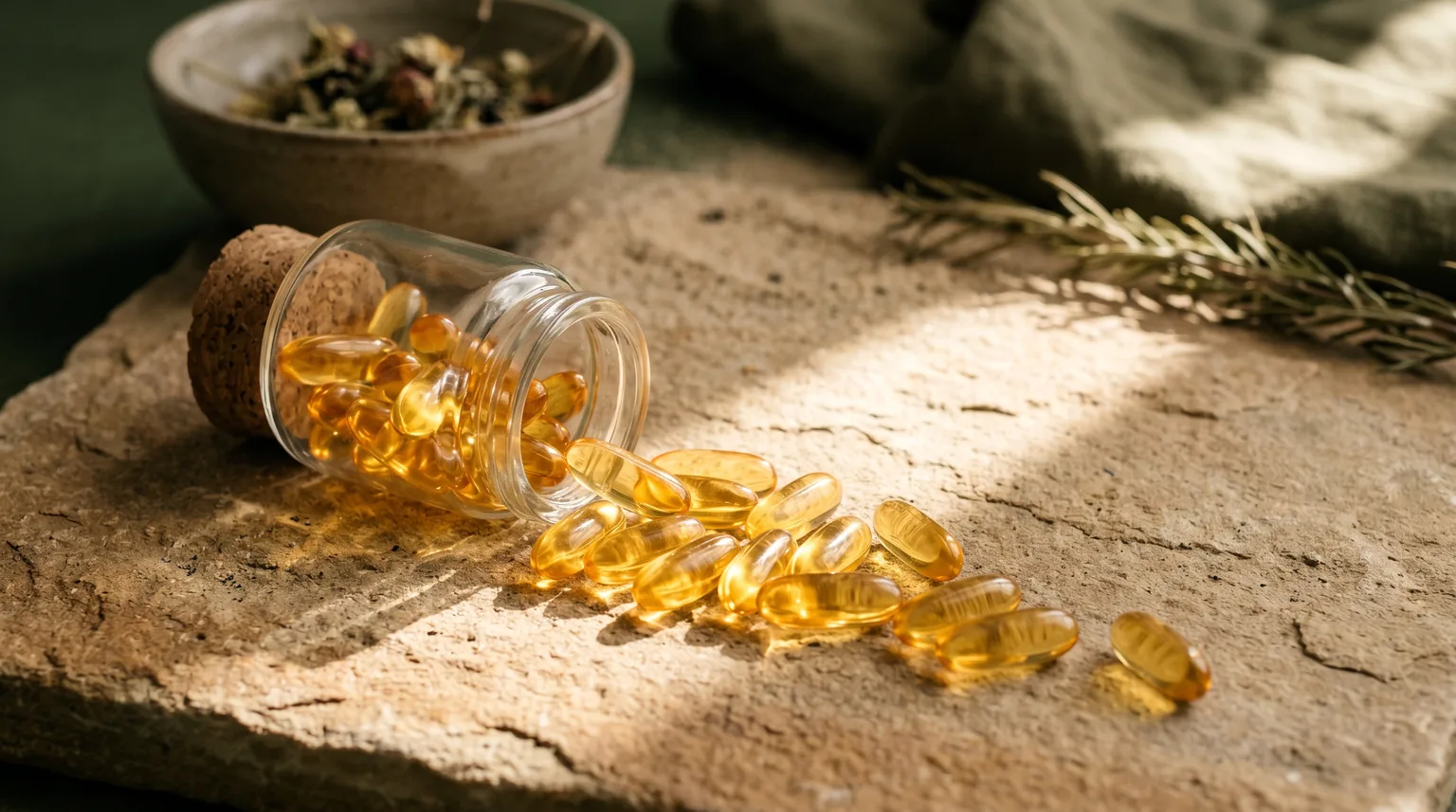 Cápsulas de vitamina D sob um raio de sol