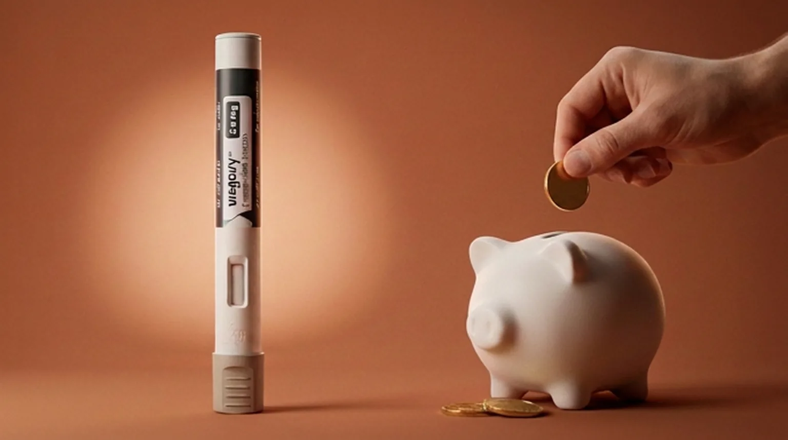 Caneta de Wegovy ao lado de cofre porquinho branco, com mão depositando uma moeda, representando como pagar menos