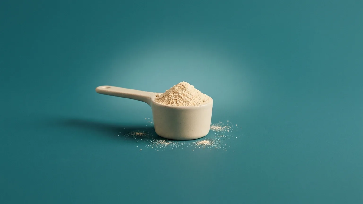 Colher com pó representando whey protein sobre fundo teal homogeneo, terapia injetavel de nutrientes