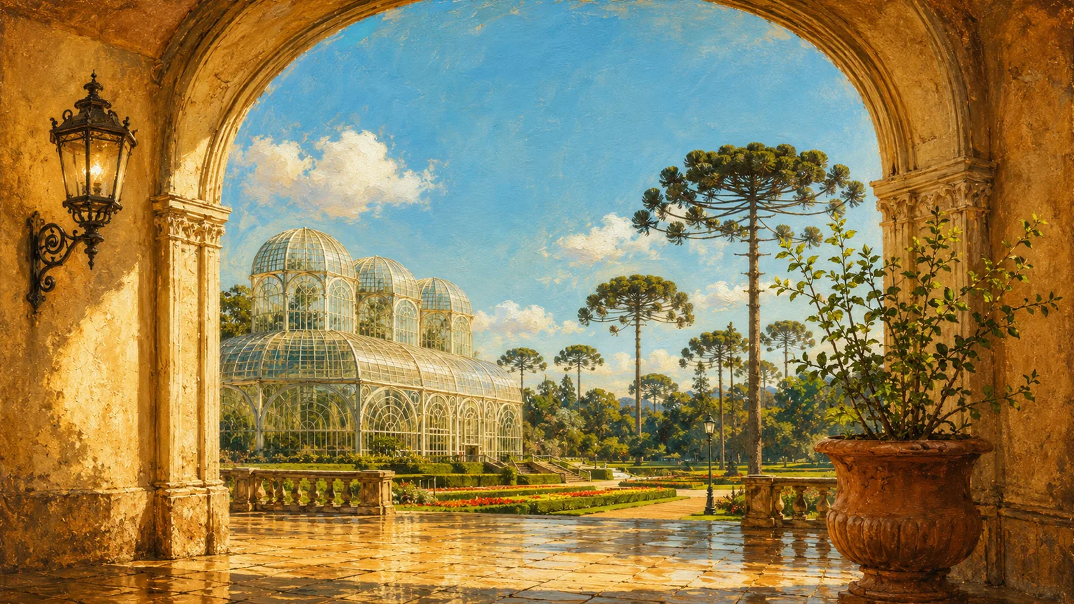 Pintura da estufa do Jardim Botânico de Curitiba entre jardins ensolarados