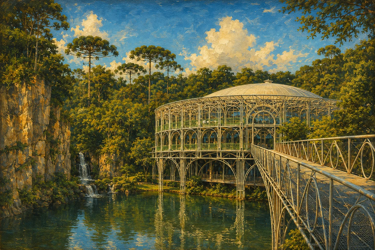Pintura da Ópera de Arame, teatro de estrutura metálica entre araucárias em Curitiba