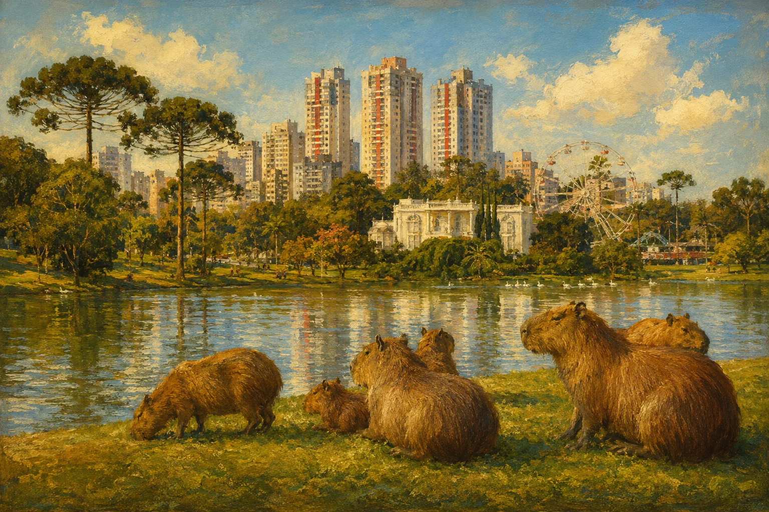 Pintura do Parque Barigui em Curitiba, com capivaras à beira do lago e o skyline da cidade