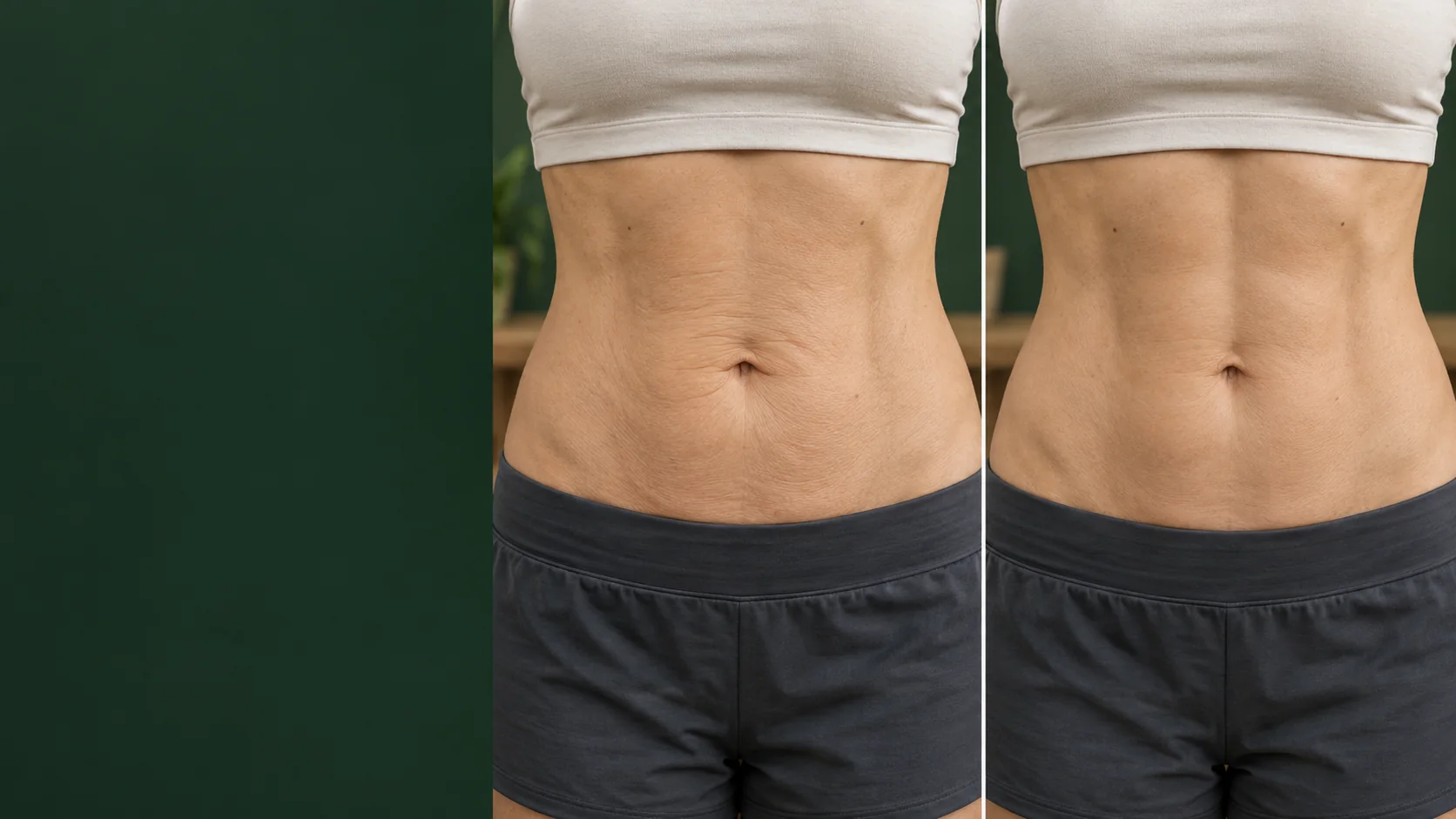 Abdômen com diferenças de flacidez e definição aparente, em pessoa magra. Simulação ilustrativa; não representa resultado real.