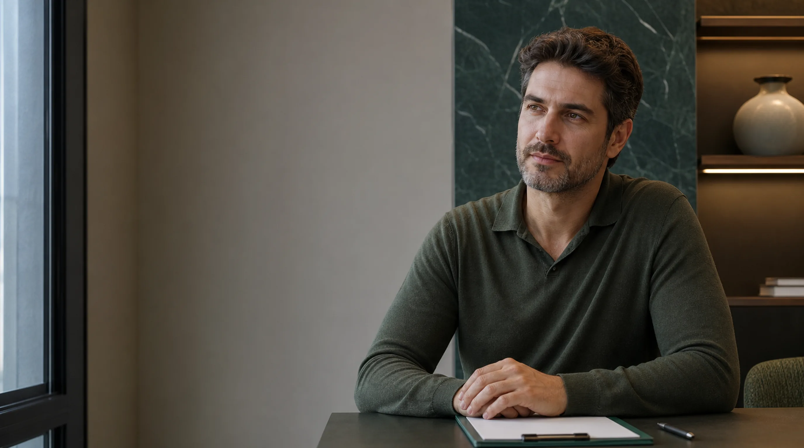 Médico durante consulta por vídeo, com notebook e prontuário sobre a mesa
