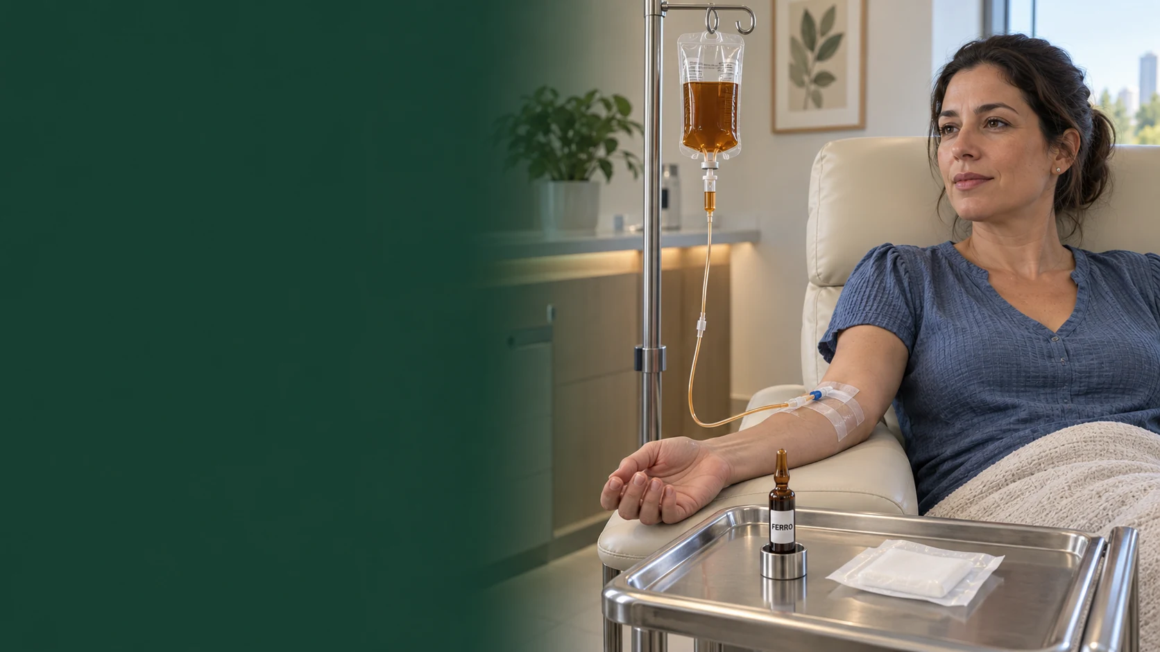 Cena ilustrativa de mulher recebendo ferro endovenoso, com bolsa de infusão e ampola de ferro na bandeja médica