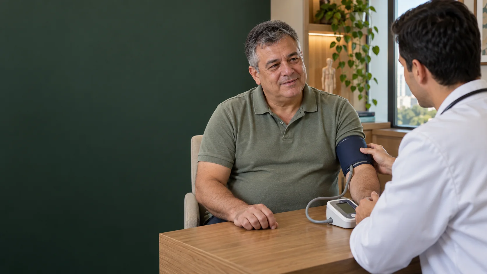 Ilustração de paciente adulto durante aferição de pressão em consulta de avaliação hormonal, sem apresentação de implantes