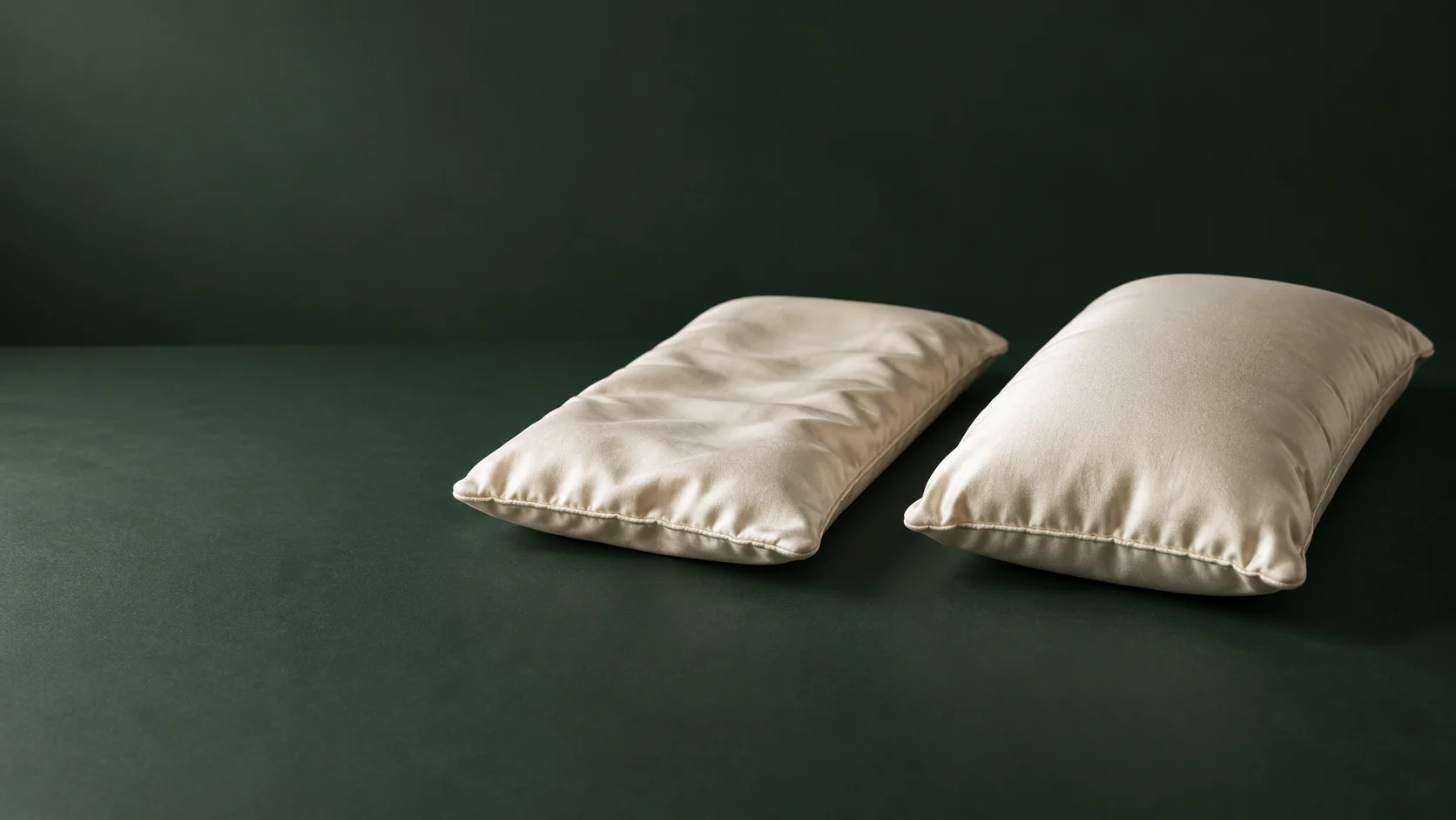 Duas almofadas de seda com volumes diferentes sobre fundo verde, metáfora de reposição de volume na página de preenchimento íntimo feminino
