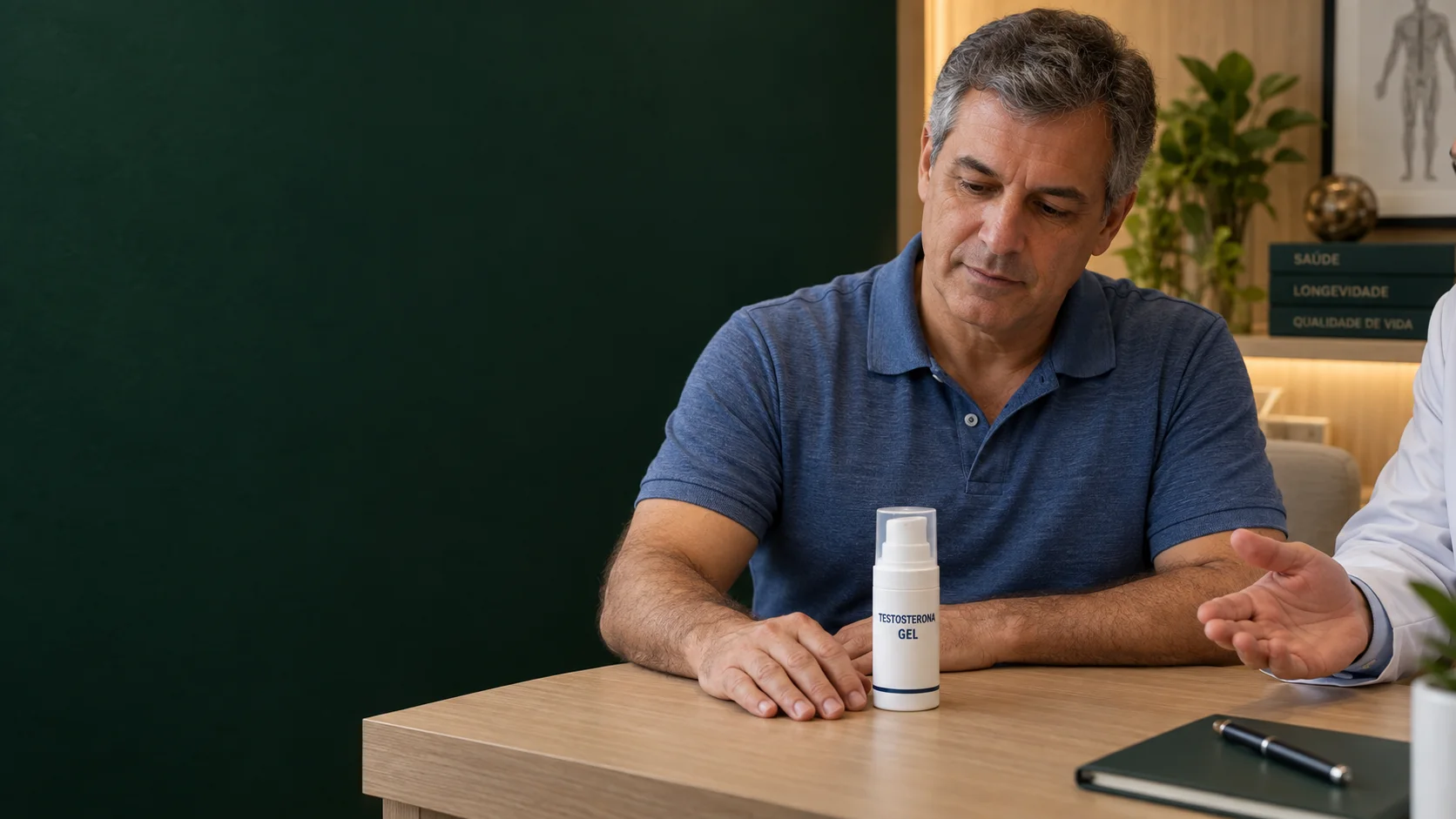 Cena ilustrativa de homem em consulta sobre reposição de testosterona, com frasco de gel na mesa