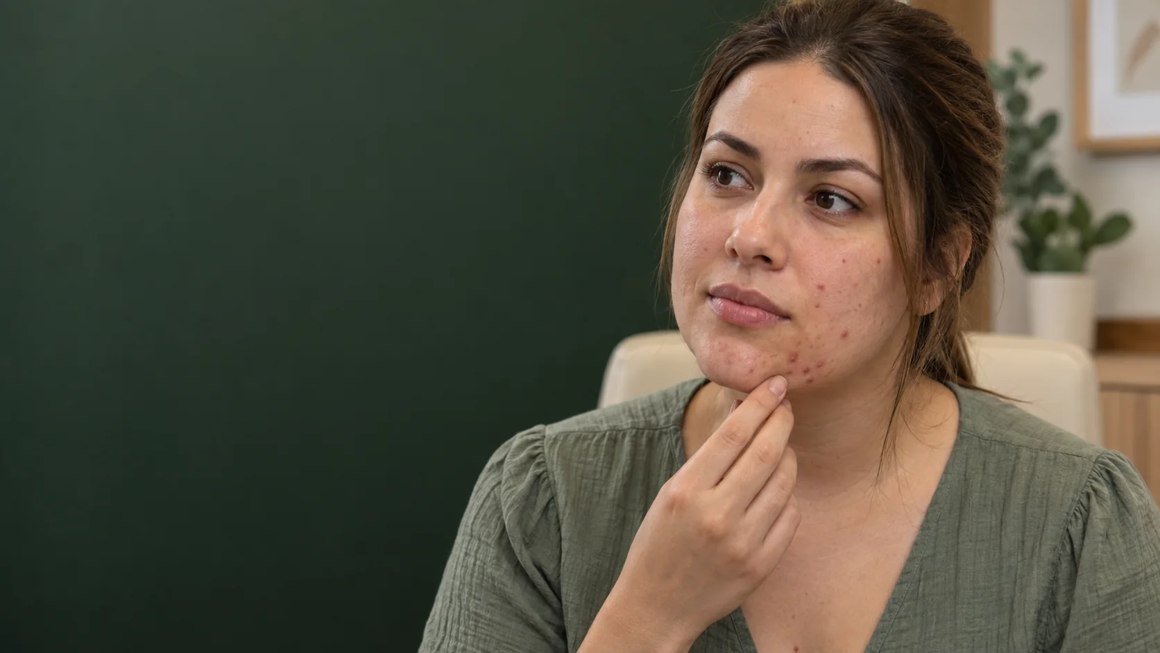 Ilustração de mulher com acne no queixo, um dos sinais que podem motivar a investigação de SOP