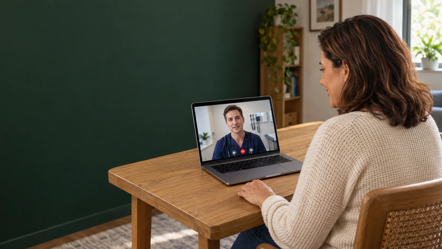 Ilustração de mulher em casa durante consulta médica por vídeo no computador